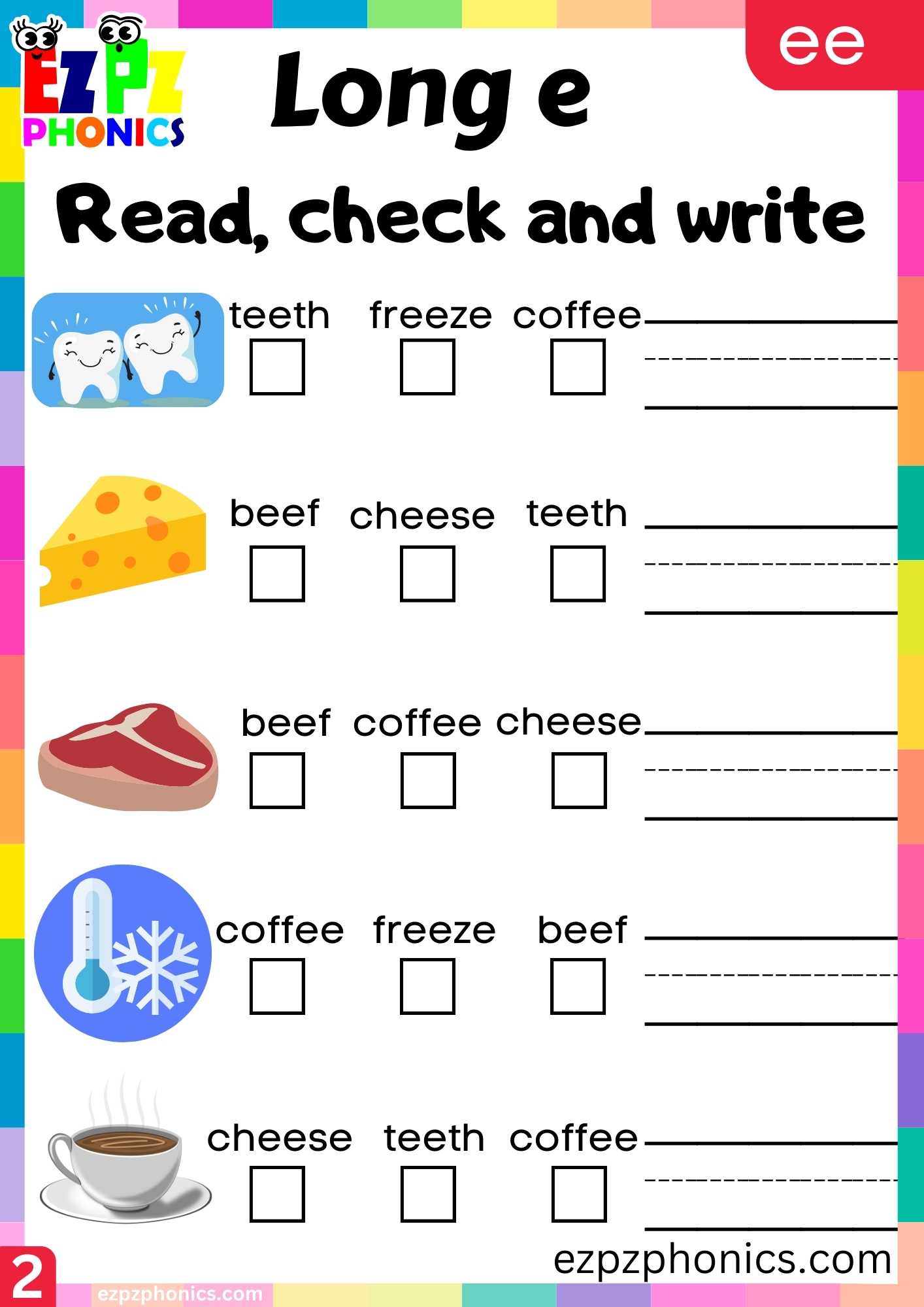 Group2 EE Words Read, Check And Write Long E Phonics Worksheet